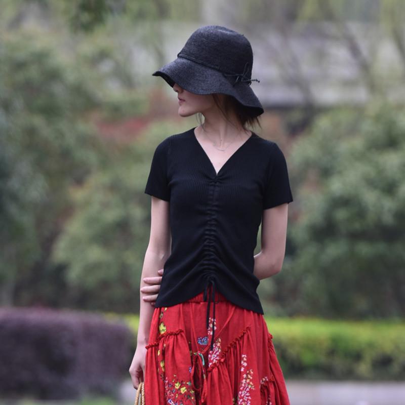 V-Neck - ニットTシャツ レディース 春夏 接触冷感 コットン Vネック 半袖 エスニック ドローストリング ショート丈 タイト 無地 40代 50代