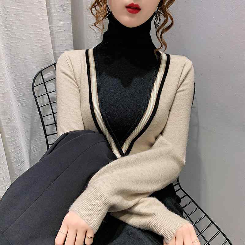 Turtleneck - ニット レディース タートルネック 長袖 スリムフィット 重ね着風 重ね着風 秋冬 インナー トップス セーター カットソー 切り替え リブ カジュアル 通勤 オフィス ブラック ベージュ ブラウン