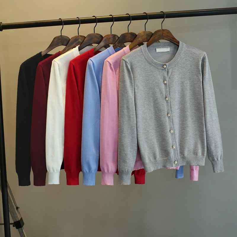 Crew Neck - 秋冬 ニット レディース クルーネック ショール パールボタン 韓国風 細見え スタイルアップ 長袖 カーディガン アウター コットン 無地 シングルボタン 前開き 通勤 レギュラー厚 レギュラー丈 多展開