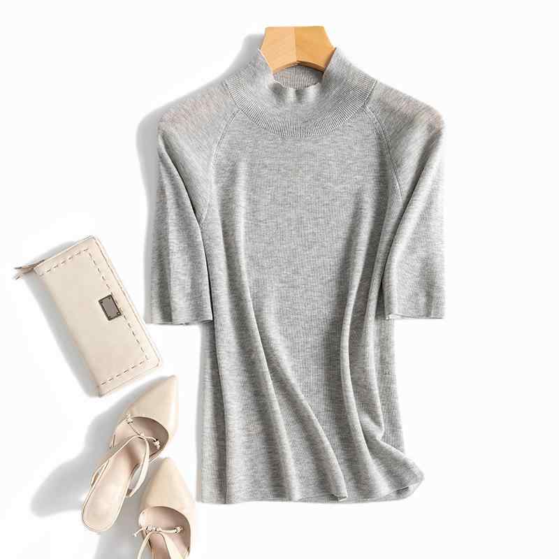 Turtleneck - ニット レディース ハイネック 5分袖 ラグランスリーブ スリムフィット ストレッチ 着痩せ効果 細見え 無地 プルオーバー トップス 秋