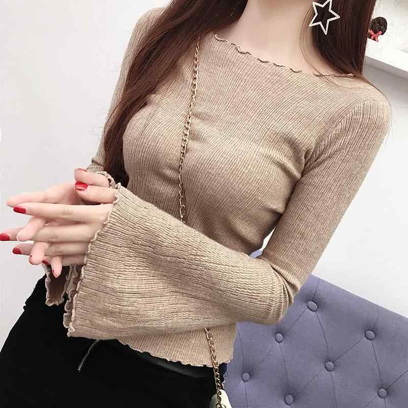 ニット レディース 秋冬 韓国風 フリルフリル フレアスリーブ 長袖 スリムフィット ショート丈 プルオーバー クルーネック 無地 トップス 通勤