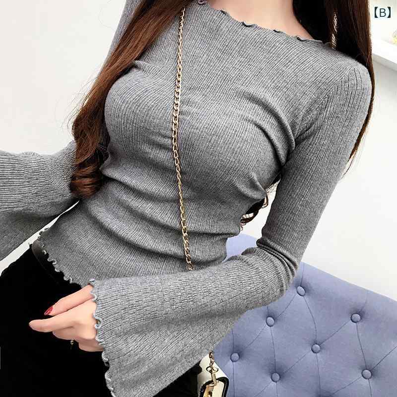 フロントップ楽天市場店のニット レディース 秋冬 韓国風 フリルフリル フレアスリーブ 長袖 スリムフィット ショート丈 プルオーバー クルーネック 無地 トップス 通勤｜アングル3