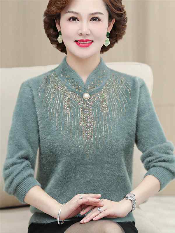 ニット ミセス 女性 秋冬 厚手 ファータッチ 暖かい プルオーバー ゆったり 体型カバー ハーフネック 長袖 ラインストーン