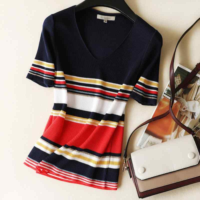 V-Neck - トップス レディース 春夏 薄手 ニット Vネック 半袖 カラフルボーダー キラキラ 細見え スタイルアップ エレガント 若見え