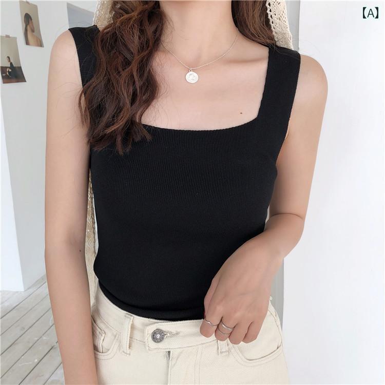 フロントップ楽天市場店のタンクトップ レディース 女性用 ワイドストラップ ニット 無地 接触冷感 スクエアネック ノースリーブ インナー レイヤード 着回し スリムフィット 黒 白 ベージュ 春夏｜アングル2