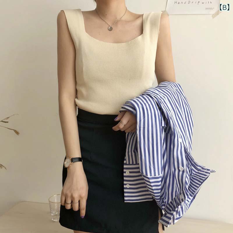 フロントップ楽天市場店のタンクトップ レディース 女性用 ワイドストラップ ニット 無地 接触冷感 スクエアネック ノースリーブ インナー レイヤード 着回し スリムフィット 黒 白 ベージュ 春夏｜アングル3