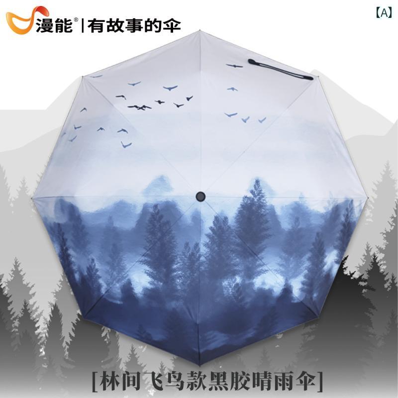 晴雨兼用傘 メンズ 折りたたみ 三つ折り 手描きイラスト 森モチーフ シンプル 遮光 UVカット 紫外線対策 黒い裏地 軽量 コンパクト 通勤 普段使い おしゃれ