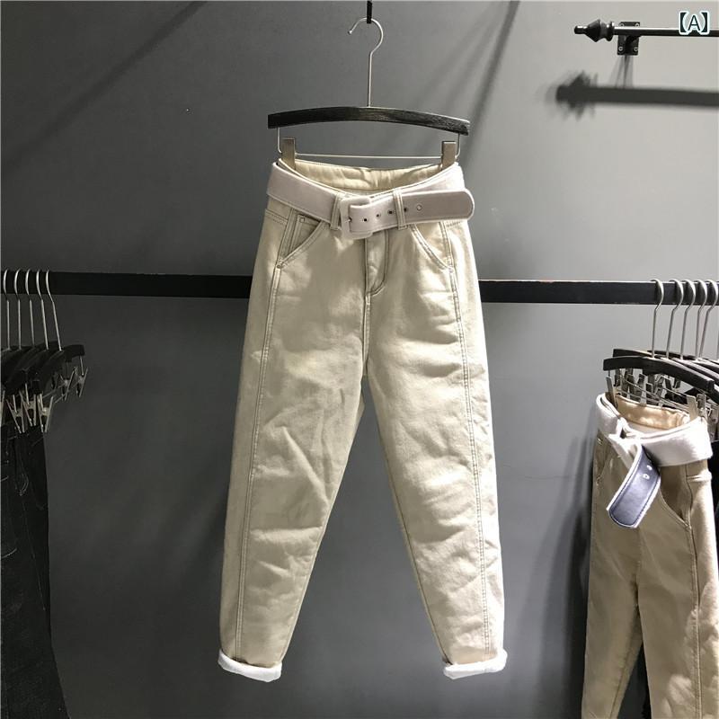 ジーンズ レディース 冬 裏起毛 厚手 暖かい 防寒 カジュアル 普段使い ストレッチ 綿混 コットン ハイウエスト ゆったり ルーズ ハレムパンツ