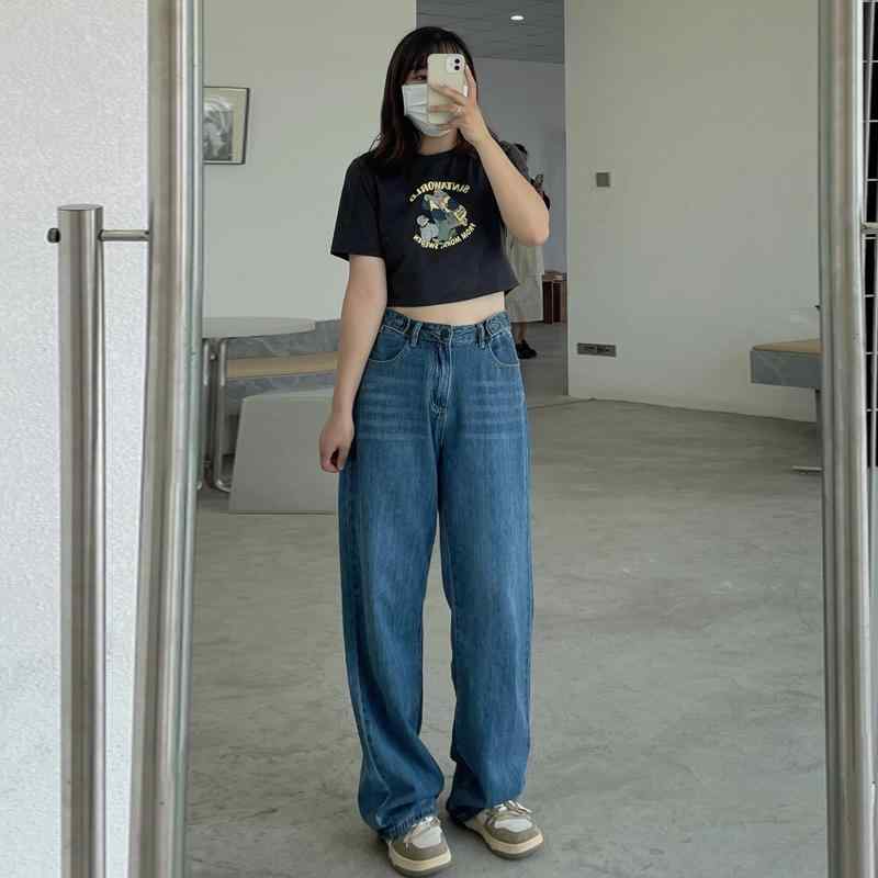 デニムパンツ レディース ワイドレッグ ハイウエスト ストレート ウォッシュ加工 ヴィンテージ加工 着痩せ 脚長効果 ゆったり 防シワ マルチポケット マキシ丈 高身長 レトロブルー 春秋 デイリー