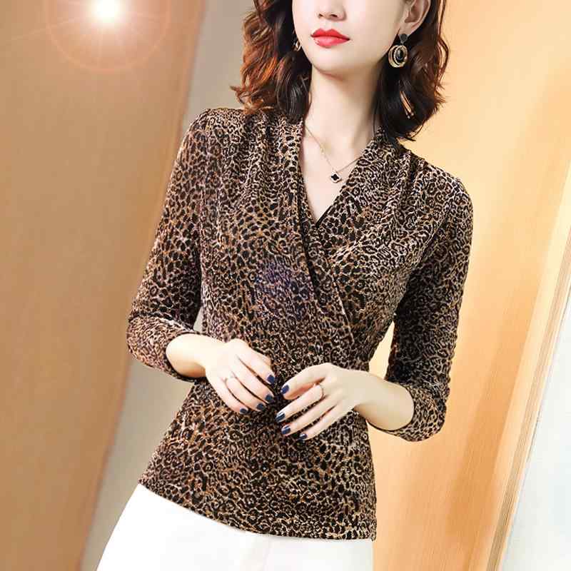V-Neck - トップス レディース 春夏 Vネック 半袖 ニットTシャツ メッシュ長袖 ヒョウ柄 切り替え ドレープ ラメ ポリエステル インナー カジュアル スリムフィット