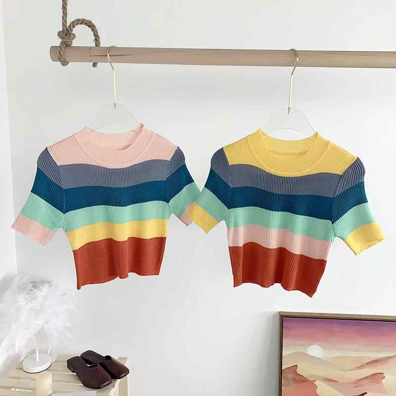 乐天商城 - ニット Tシャツ レディース 春夏 半袖 ショート丈 レインボー ストライプ レトロ 韓国 細見え スリムフィット カジュアル 普段使い ピンク系 イエロー系