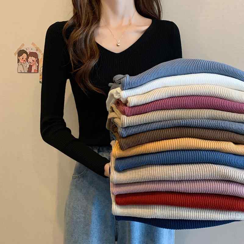 V-Neck - ニット レディース 秋冬 スリムフィット Vネック 長袖 プルオーバー トップス レーヨン混 ストレッチ 柔らかい着心地 快適 デイリー カジュアル オフィス 通勤 インナー