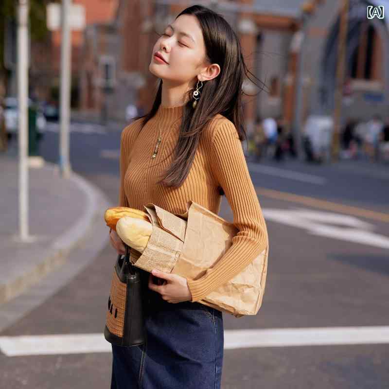 ニット レディース スリムフィット ハイネック 長袖 プルオーバー トップス 小柄 インナー リブ 無地 ..