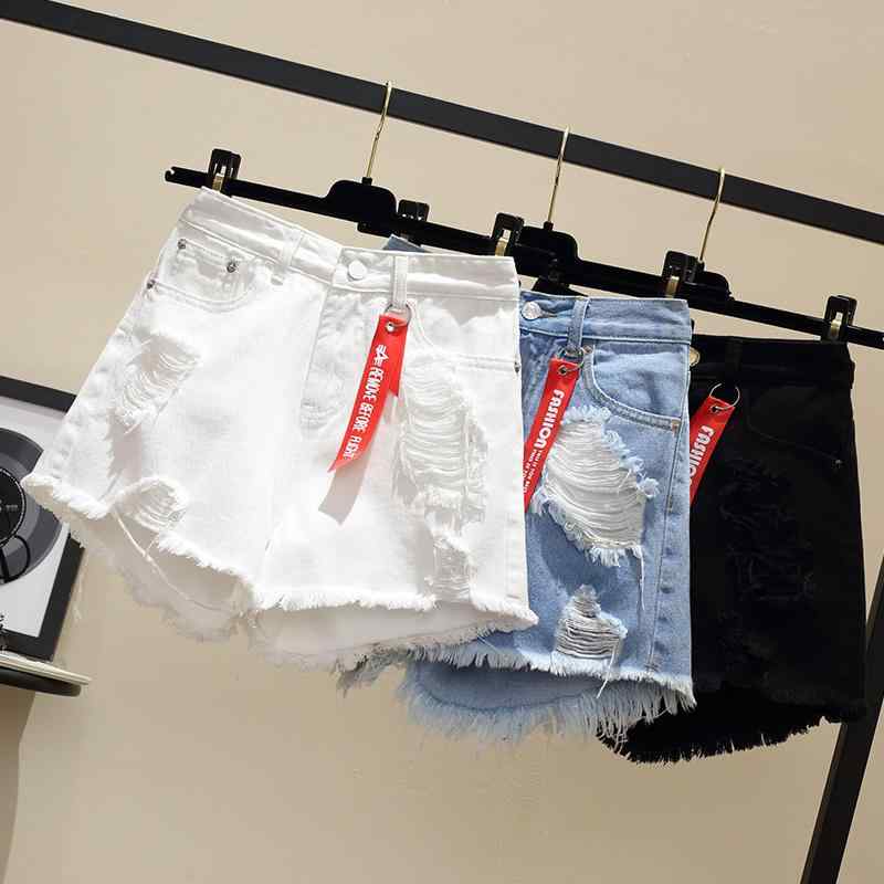 ショートパンツ レディース デニム ダメージ加工 ハイウエスト ゆったり ルーズフィット 大きいサイズ プラスサイズ 体型カバー ホットパンツ 韓国風 フリンジ 薄手 夏 カジュアル ウォッシュ加工