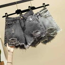 ショートパンツ レディース デニム ダメージ加工 ウォッシュ加工 ハイウエスト 着やせ効果 大きいサイズ プラスサイズ 薄手 フリンジ Aライン ワイド 夏