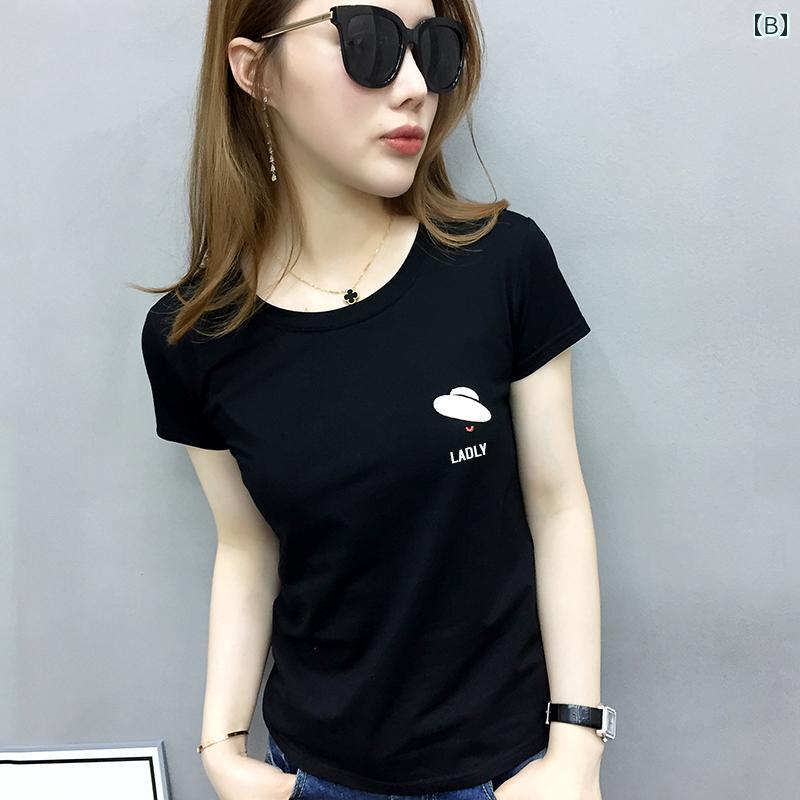 Tシャツ レディース 半袖 スリムフィット コットン ストレッチ クルーネック ホワイト 夏 欧風 カジュアル ストリート トップス 女性用