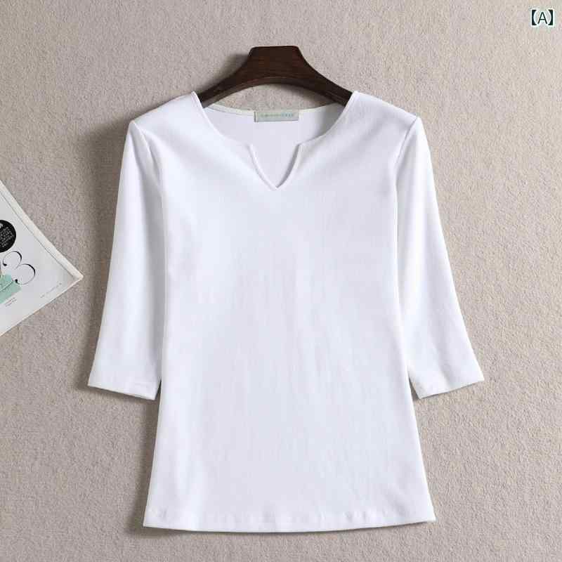 フロントップ楽天市場店のTシャツ レディース 女性用 七分袖 Vネック スリムフィット スリム 綿 コットン 伸縮性 厚手 裏起毛 インナー 無地 シンプル カジュアル トップス 秋冬｜アングル2