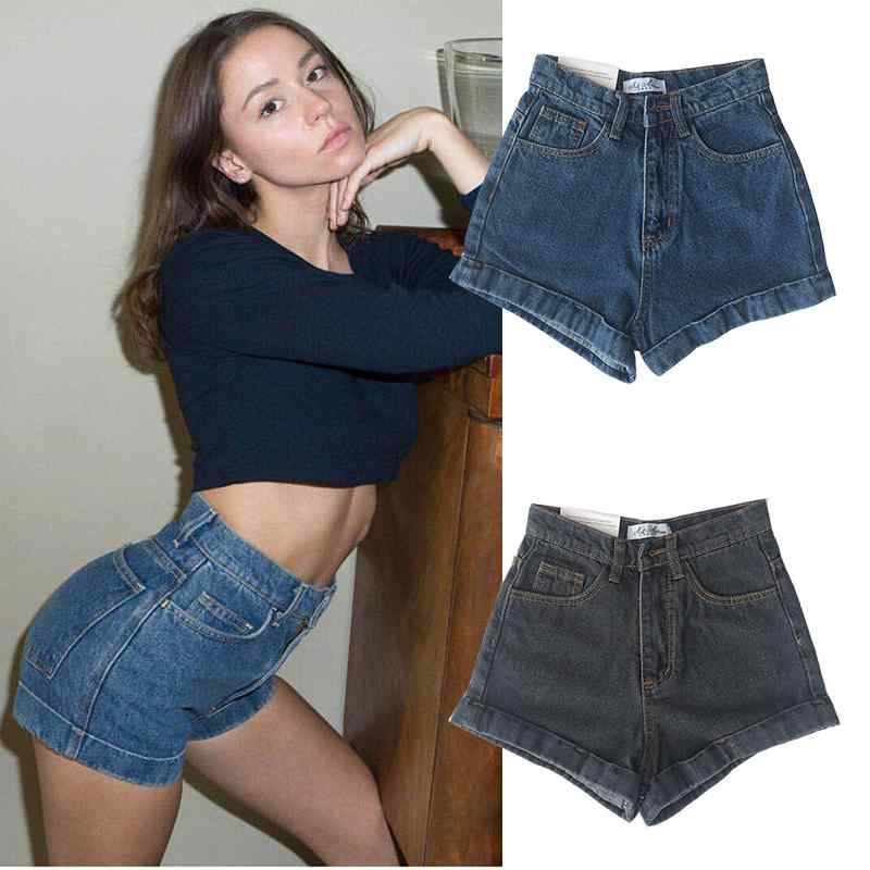 ショートパンツ レディース デニム ハイウエスト レトロ ヴィンテージ 着痩せ 細見え ウエストシェイプ ヒップアップ ビッグシルエット ロールアップ ホットパンツ 大きいサイズ ライトブルー ダークブルー 春夏