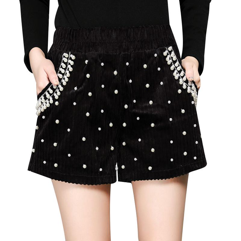 ホットパンツ レディース 秋冬 コーデュロイ ワイド ウエストゴム スパンコール グリッター ナイロン混..