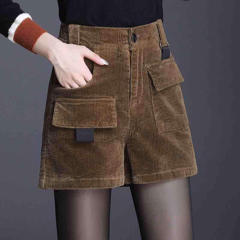 ショートパンツ レディース 女性用 コーデュロイ コール天 ウエストゴム ハイウエスト Aライン ワイドレッグ ゆったり ルーズ ワークテイスト カーゴ 秋冬 綿混 ストレッチ 普段使い お出かけ