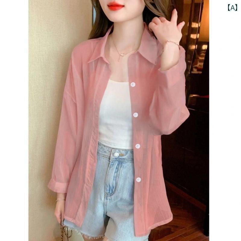 Long-Sleeved - シャツ レディース おしゃれ 夏 薄手 日焼け防止 シフォン 透け感 シアー 通気性 ミディアム 涼しい 快適 涼しい 快適 アウター 重ね着 春夏 オフィス カジュアル シンプル