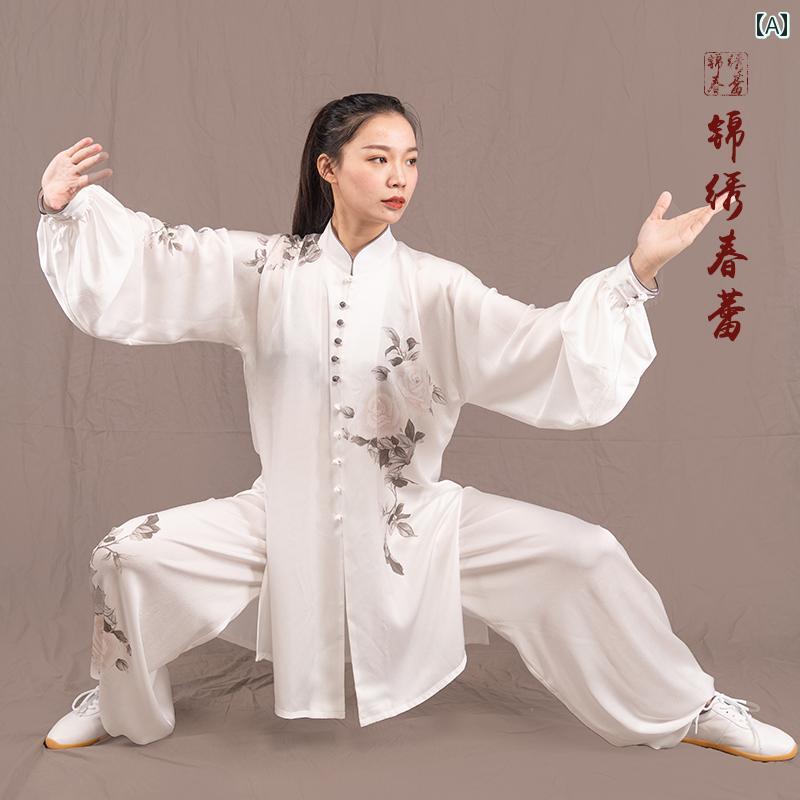 太極拳ウェア 男女兼用 武術着 武道着 カンフー服 演武服 練習着 トレーニングウェア フィットネスウェア リラックスウェア 墨牡丹 彩 3点セット 白 ホワイ...
