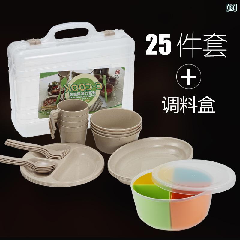 フロントップ楽天市場店のアウトドア食器 4人用 24点セット ポータブル 軽量 コンパクト プラスチック製 キャンプ ピクニック バーベキュー レジャー 野外活動 ボウル 皿 プレート カトラリー 収納ケース｜アングル3