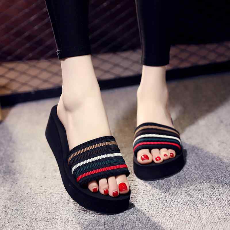 サンダル レディース 夏 外履き おしゃれ 韓国 ワンストラップ 厚底 ウェッジソール 滑り止め 普段使い デイリー リゾート ビーチ ストライプ柄 布製 TPR