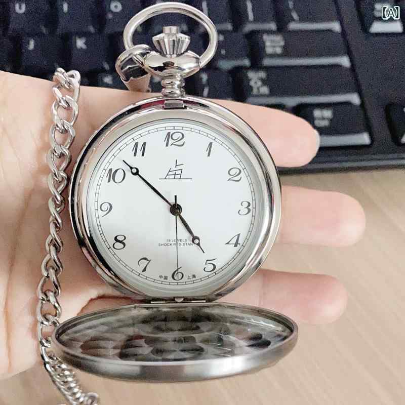 懐中時計 メンズ 男性用 機械式 手巻き レトロ クラシック アンティーク ヴィンテージ風 ステンレスチール 精鋼製 アラビア数字 ローマ数字 生活防水 円形 シルバー