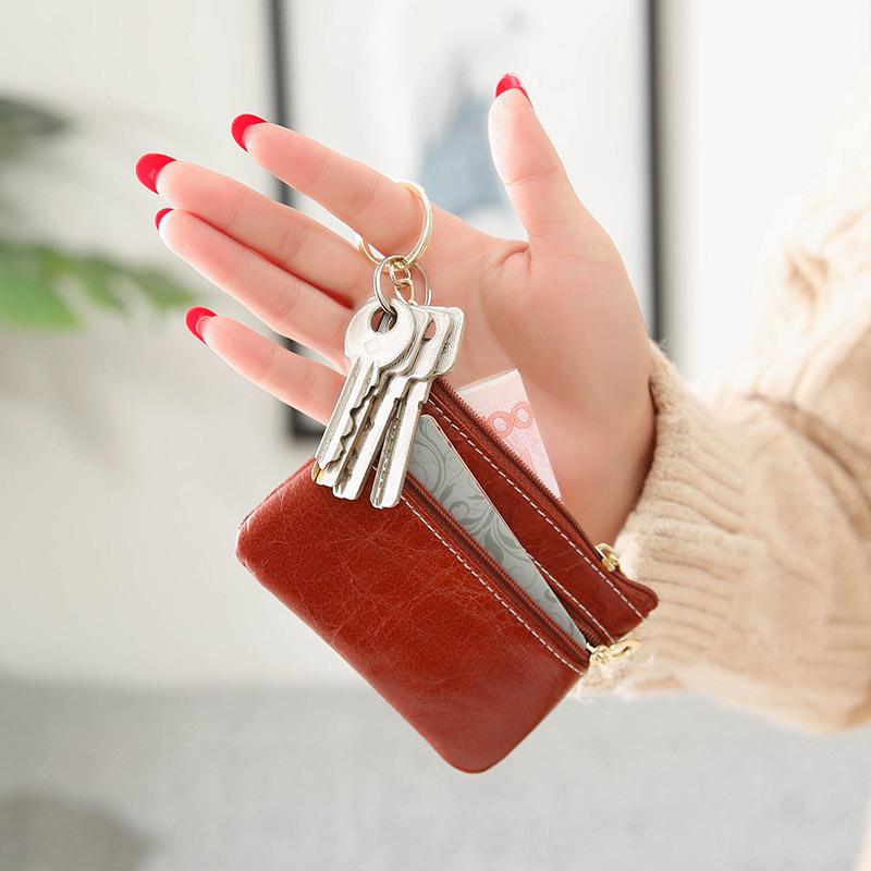 コインケース 男女兼用 牛革 革 オイルレザー シボ加工 ダブルファスナー 極薄 スリム ミニ カードケース キーケース 横型 レトロ 普段使い カジュアル 小銭入れ ブラック ブラウン ワインレッド