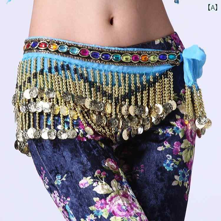 ベリーダンス レディース ヒップスカーフ ウエストチェーン ベルト コイン ラインストーン シフォン ビーズ 三重構造 初心者 練習用 ステージ衣装 加重 カラ...