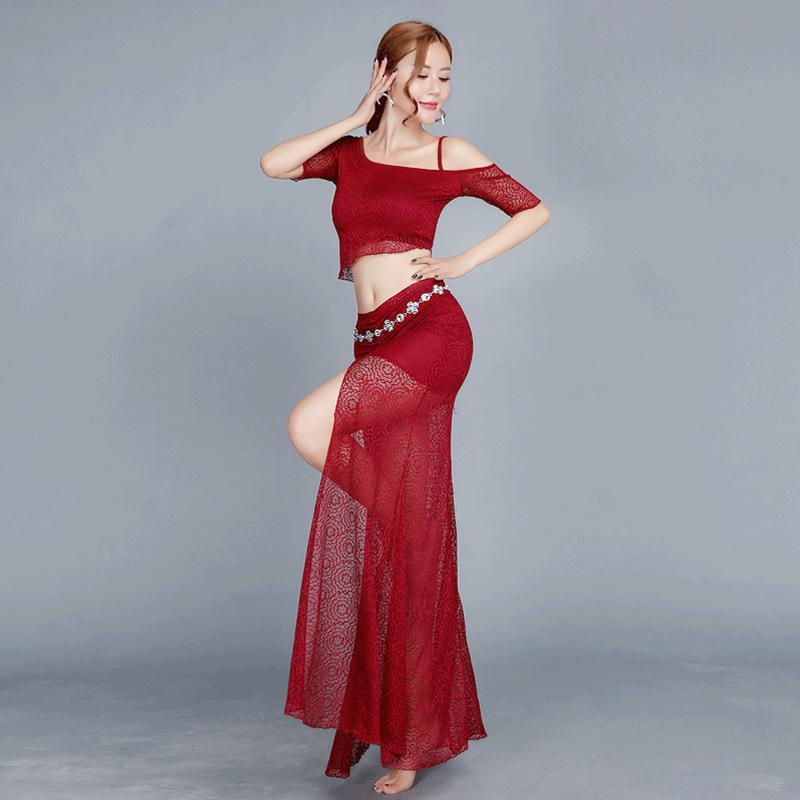 ベリーダンス レディース ダンスウェア レッスン着 練習着 ロングスカート スリット レース 2点セット 発表会衣装 舞台衣装 春夏 ブラック ホワイト