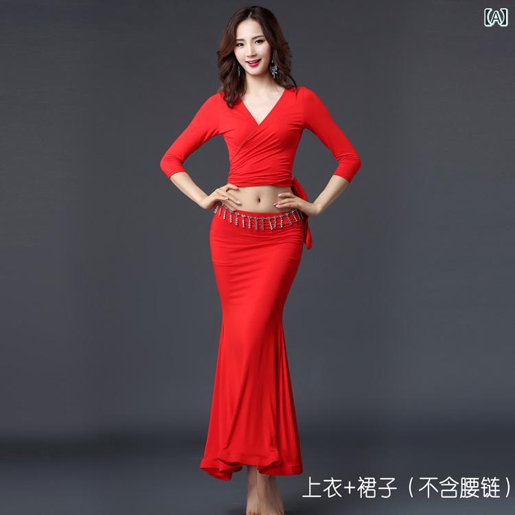 ベリーダンス衣装 レディース 春夏 練習着 レッスンウェア 上下セット モダール 伸縮性 ストレッチ マーメイドロングスカート レッド ブラック ワインレッド 初心者 動きやすい