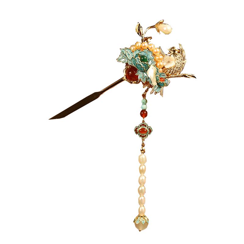 かんざし おしゃれ 簪 レディース 中国風 ヴィンテージ風 ボタニカル 仿焼青 蝶 花珠滴油 和装 髪飾り ..