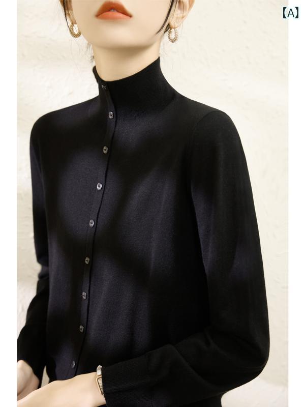 Turtleneck - ニット レディース おしゃれ 大人 オフィス トップス ハイネック プルオーバー 長袖 冬 ウール ボタン ゆったり シンプル 上品