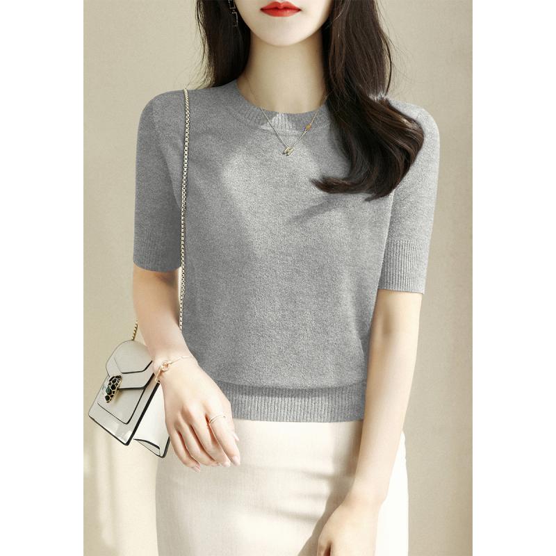 Long-Sleeved Knit - Tシャツ レディース おしゃれ 大人 オフィス トップス 紫 半袖 ニット ゆったり シンプル ラウンドネック 夏 体型カバー