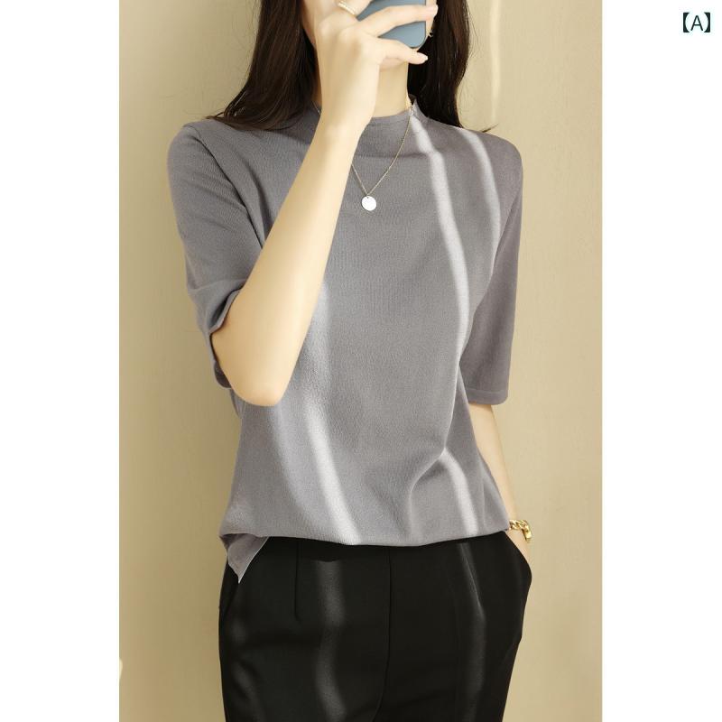 Turtleneck - ニット レディース おしゃれ 大人 オフィス トップス ハイネック 5分袖 薄手 涼しい 快適 夏 ゆったり シンプル 上品