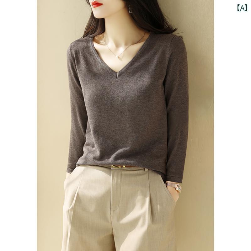 Three-Quarter Knit - ニット レディース おしゃれ 大人 オフィス トップス 紫 Vネック 長袖 春秋 スリム シンプル ニットセーター