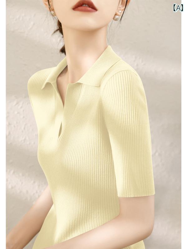 V-Neck - ニット レディース おしゃれ 大人 オフィス トップス 半袖 Vネック ポロカラー 夏 ライセル リブ 編み シンプル きれいめ スリムフィット фит