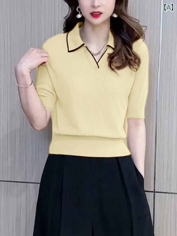 V-Neck - ニット ポロ襟 5分袖 レディース おしゃれ 大人 オフィス トップス 薄手 サマー ゆったり 配色 スリム効果 半袖 シンプル 通勤 夏