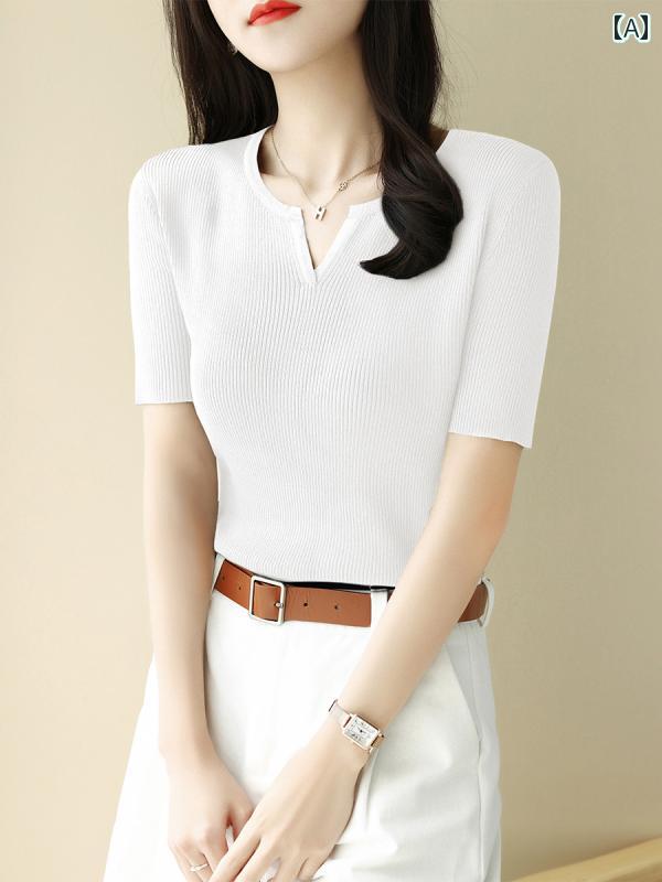 V-Neck - ニット半袖 レディース おしゃれ 大人 オフィス トップス Vネック ライトパープル 無地 スリム 着痩せ 薄手 夏 シンプル 上品