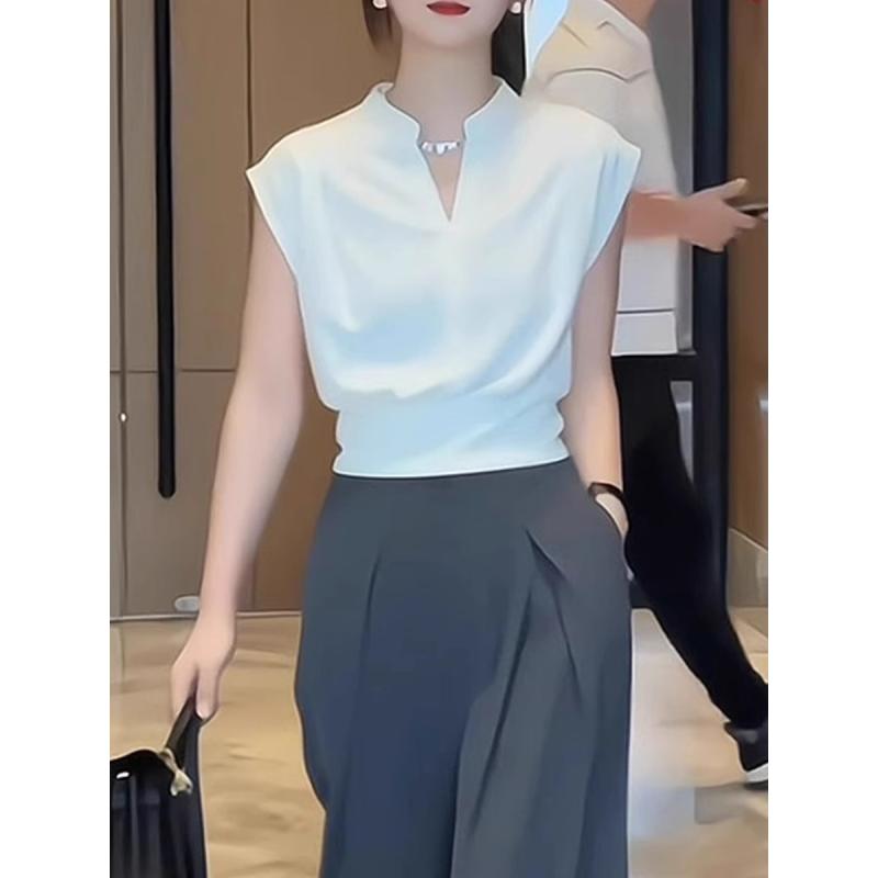 V-Neck - Tシャツ レディース おしゃれ 大人 オフィス トップス 芥子色 Vネック フレア袖 半袖 ゆったり 体型カバー 夏 カジュアル