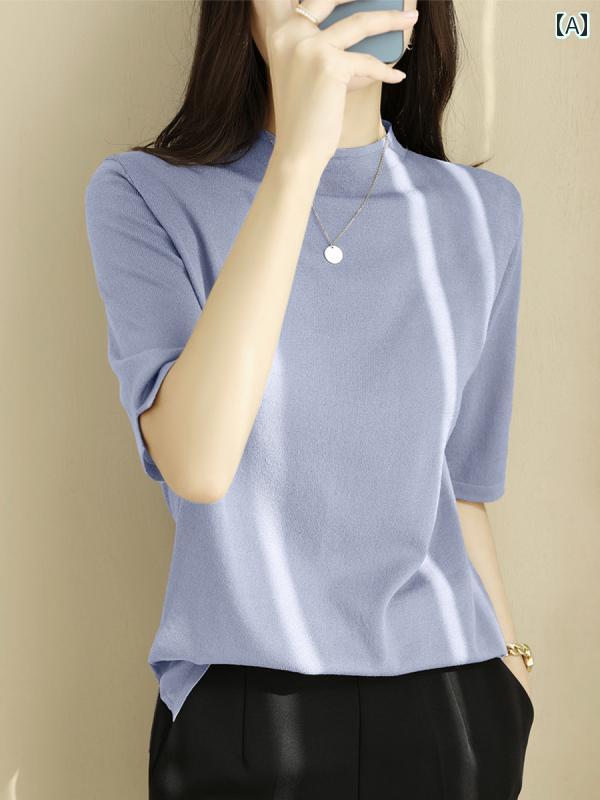 Turtleneck - ニット レディース おしゃれ 大人 オフィス トップス ハイネック 5分袖 夏 薄手 通気性 ゆったり シンプル スリット裾