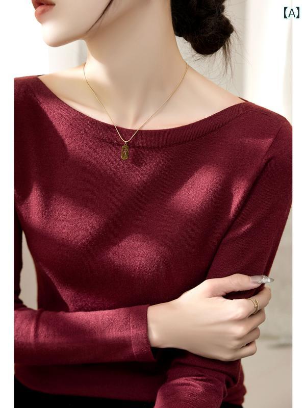 Square Neck - ニット レディース おしゃれ 大人 オフィス トップス ワインレッド 長袖 オフショルダー タイト 冬 シンプル