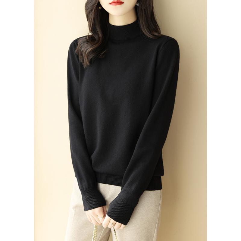 Turtleneck - ニット レディース おしゃれ 大人 オフィス トップス ブラック ハイネック ゆったり シンプル 秋冬 ウール 長袖
