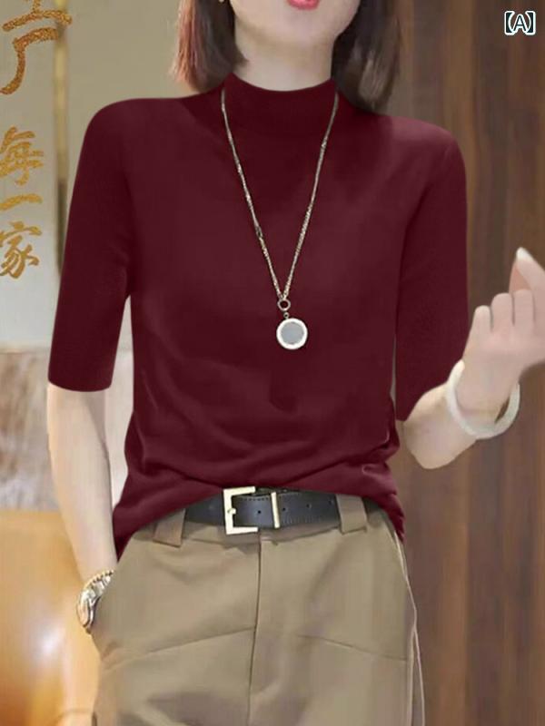 Turtleneck - ニット レディース おしゃれ 大人 オフィス トップス 秋 ウール ハイネック 5分袖 シンプル スリム フィット 5分袖