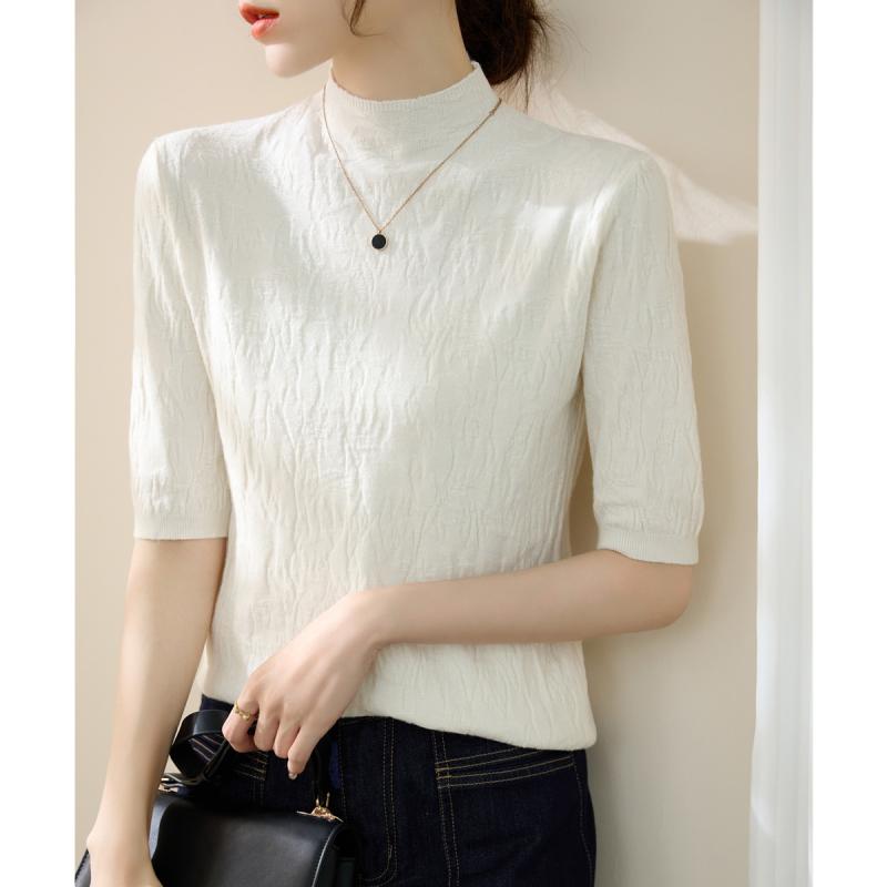 Turtleneck - ニット レディース おしゃれ 大人 オフィス トップス 白 ウール 5分袖 ハーフハイネック 立体感 きれいめ 春夏 薄手 スリムフィット 上品 シンプル