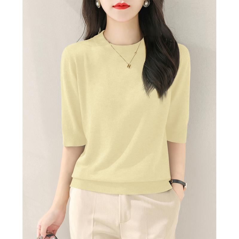 ニット 半袖 レディース おしゃれ 大人 オフィス トップス 日光黄 薄手 5分袖 ハーフハイネック ゆった..