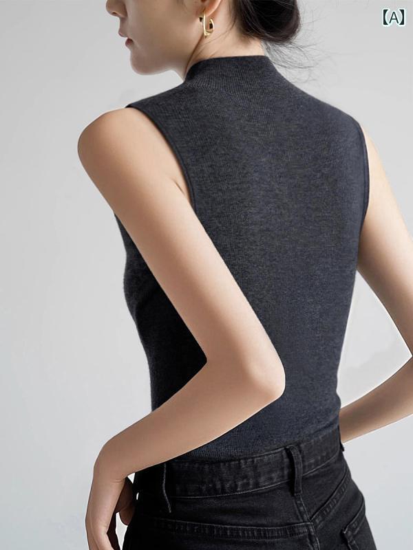 Turtleneck - ノースリーブ ニット タンクトップ レディース おしゃれ 大人 オフィス トップス 春 ハイネック シンプル スリムフィット カジュアル