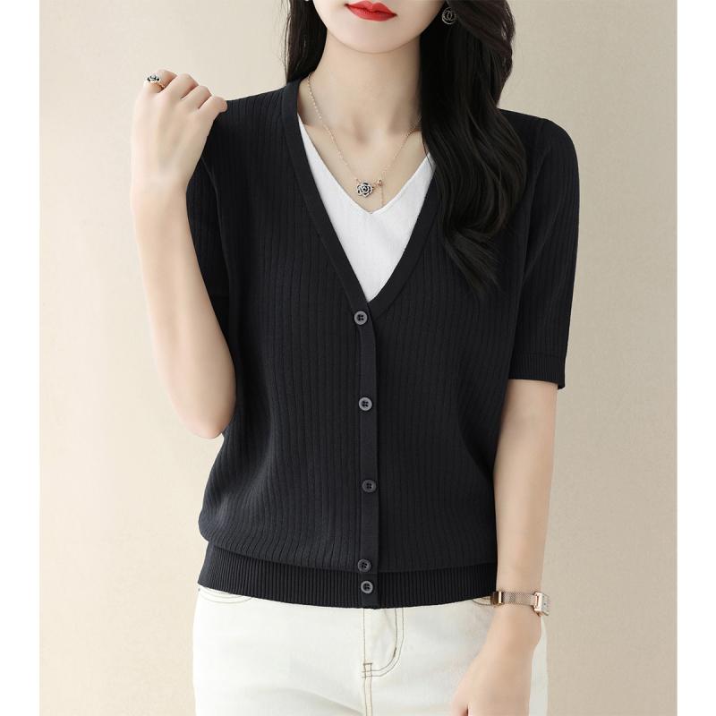 V-Neck - カーディガン レディース おしゃれ 大人 オフィス トップス 黒 Vネック 重ね着風 シングルボタン リブ 春夏 ゆったり Tシャツ風